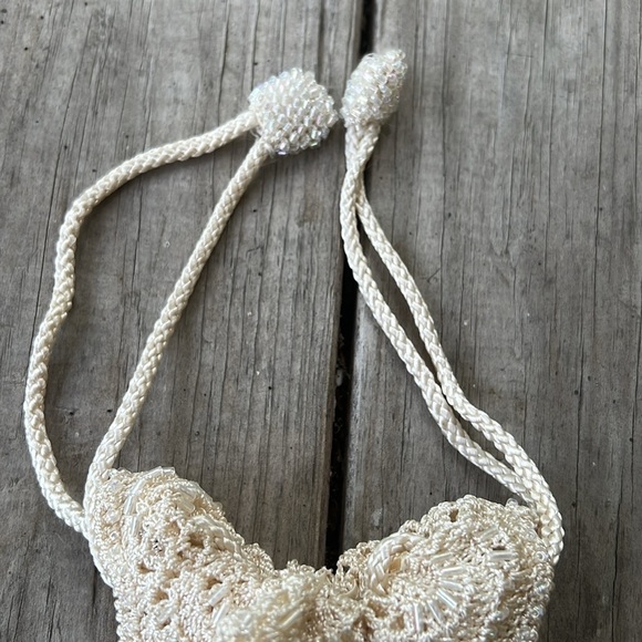 Vintage Valerie Stevens Beaded Drawstring Pouch Bag Ivory Cream Bridal Purse - Picture 3 of 10